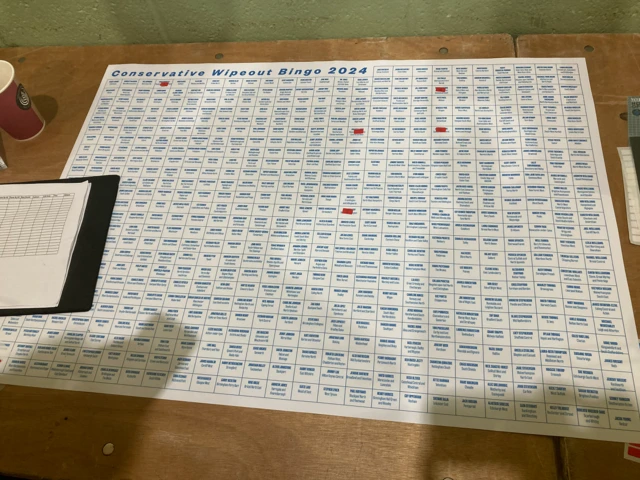 A large piece of paper with small squares with constituencies across the country with four pieces of tape over former Conservative seats