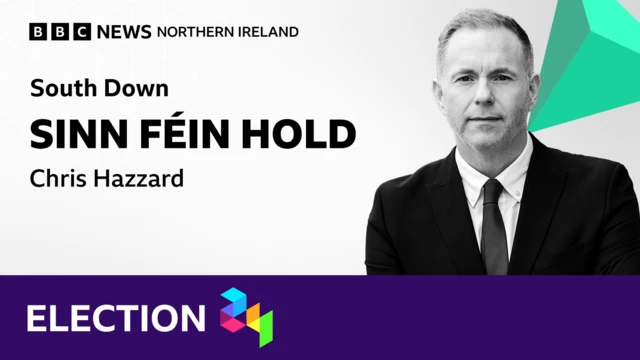 A graphic showing Chris Hazzard in a suit and tie in black and white. The text says South Down Sinn Féin Hold Chris Hazzard.