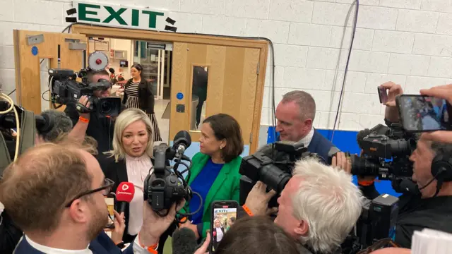 Michelle O'Neill and Mary Lou McDonald from Sinn Féin speak to the media at a count centre