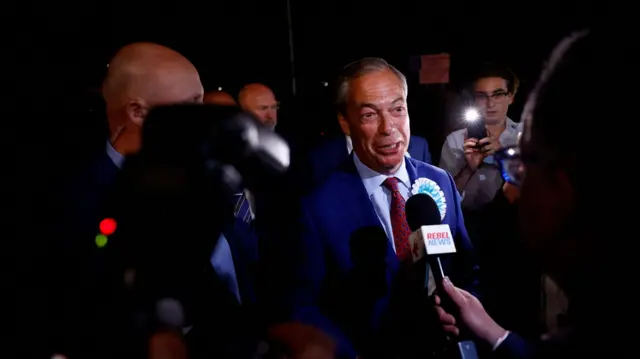 Nigel Farage talking to reporter in dark blue suit in the dark