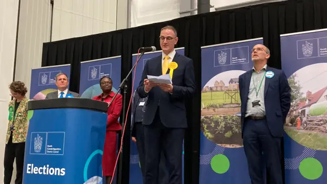 Ian Sollom giving his speech into a microphone behind a podium which reads "Elections", beside other candidates.