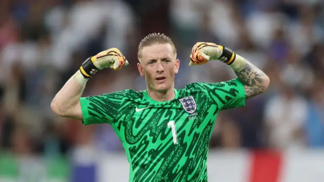 Jordan Pickford of England reacts during the UEFA EURO 2024 round of 16 match between England and Slovakia at Arena AufSchalke on June 30, 2024 in Gelsenkirchen, Germany.