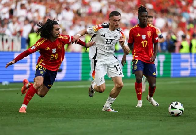 Marc Cucurella of Spain battles for the ball with Florian Wirtz