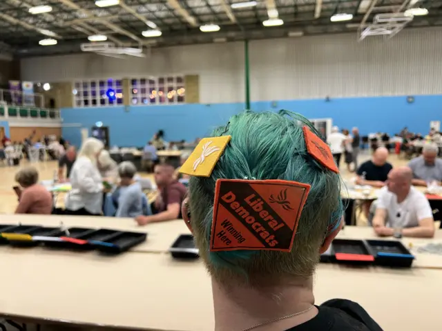 Jezz Palmer with Lib Dem stickers in her hair