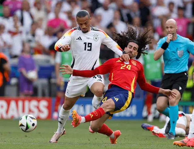 Leroy Sane of Germany and Marc Cucurella of Spain challenge