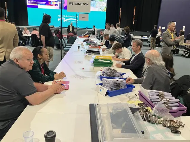 A long table with counters sat on either side looking dejected. Piles of ballot papers lie before them in plastic boxes.