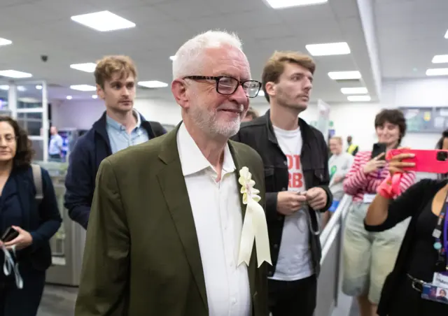 Jeremy Corbyn with supporters at count centre