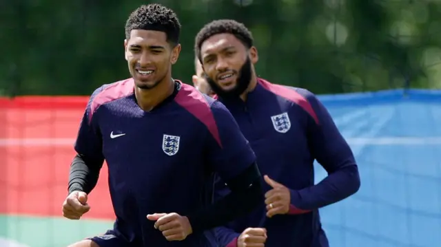 England Training - Blankenhain, Germany - July 5, 2024 England's Jude Bellingham and Joe Gomez during training