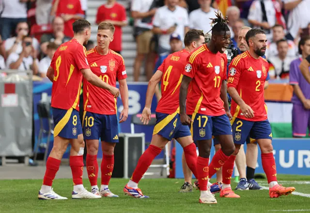 Dani Olmo of Spain celebrates after scoring a goal to make it 1-0