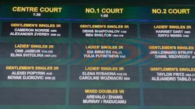 Board with tennis player names and what court they are on