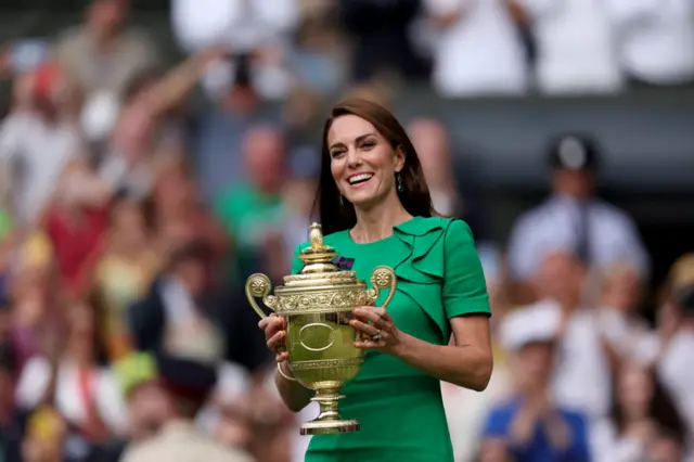 Princess of Wales holds the Wimbledon trophy in 2023