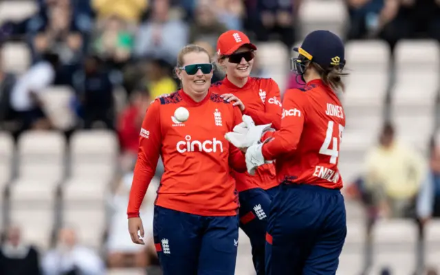 Sophie Ecclestone and Amy Jones celebrate a wicket