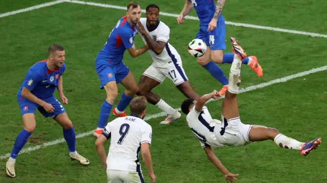 Jude Bellingham scores for England against Slovakia at Euro 2024