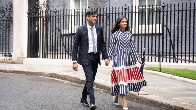 Outgoing Conservative Prime Minister Rishi Sunak with his wife Akshata Murty leaving after giving a speech in Downing Street, London, following his party's landslide defeat to the Labour Party in the 2024 General Election