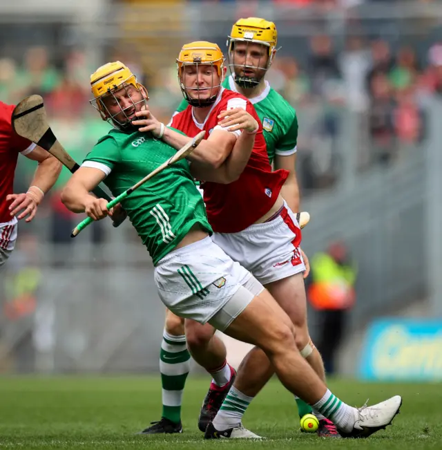 Cork's Seamus Harnedy sends Tom Morrissey tumbling at Croke Park