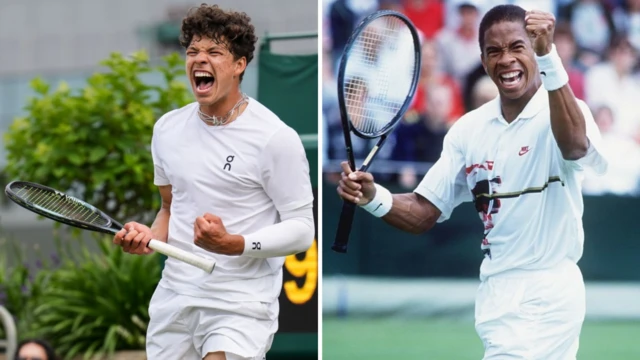 Ben Shelton holds up a fist and a tennis racquet to celebrate  (left) Bryan Shelton holds up a fist and a tennis racquet to celebrate (right)