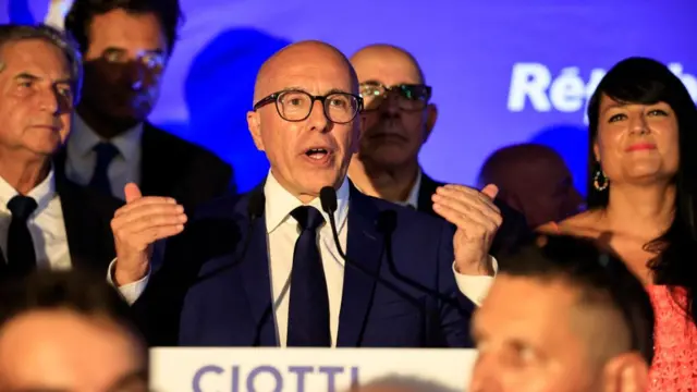France's Les Republicains (LR) right-wing party's President Eric Ciotti gestures as he addresses an election night event following the first results of the second round of France's legislative election in Nice