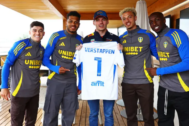 Dan James, Georginio Rutter, Ethan Ampadu and Glen Kamara  with Max Verstappen