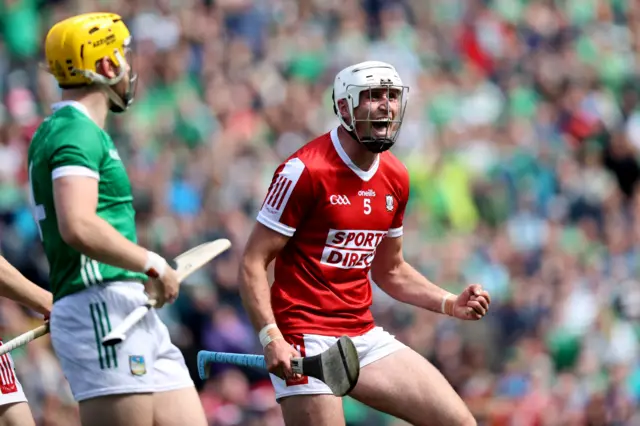 Tim O'Mahony celebrates a Cork score against Limerick