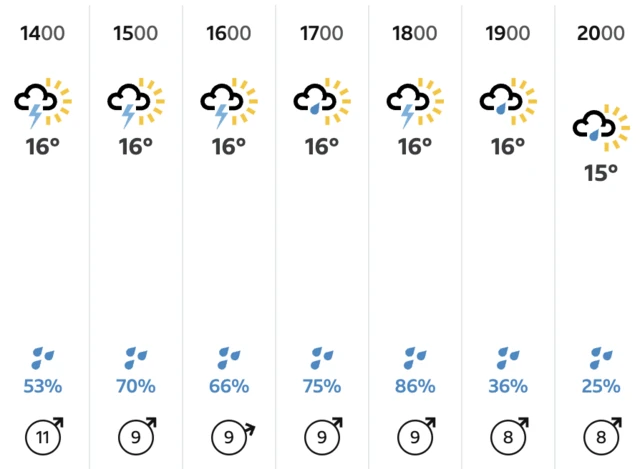Weather forecast for the next few hours at Wimbledon showing rain