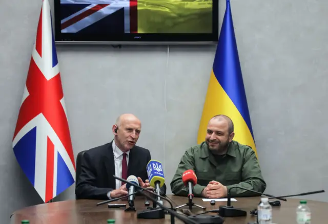 British Defense Secretary John Healey (L) and his Ukrainian counterpart Rustem Umerov (R) attend a joint press conference in Odesa,