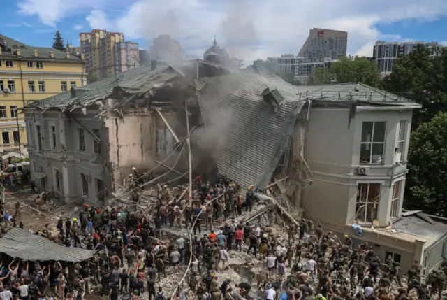 Destroyed building and the aftermath of the attack