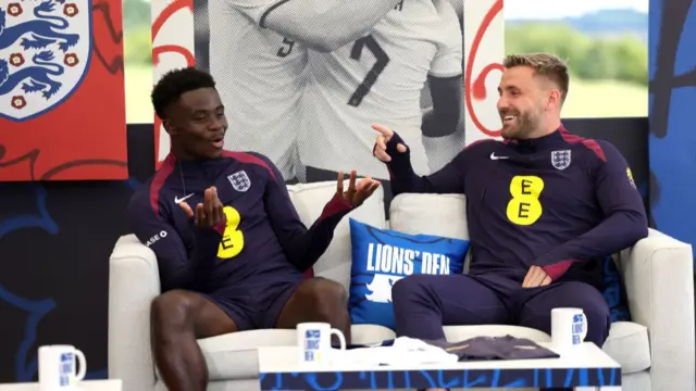 Bukayo Saka and Luke Shaw of England during 'Lion's Den' at Spa & Golf Resort Weimarer Land on July 07, 2024 in Blankenhain, Germany.