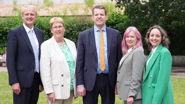 Plaid Cymru Leader Rhun ap Iorwerth joins the four Plaid Cymru MPs; Ben Lake, Ann Davies, Liz Saville Roberts and Llinos Medi, as they pose for photos on College Green