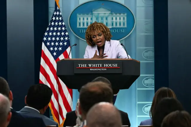 White House spokeswoman Karine Jean-Pierre speaks with reporters