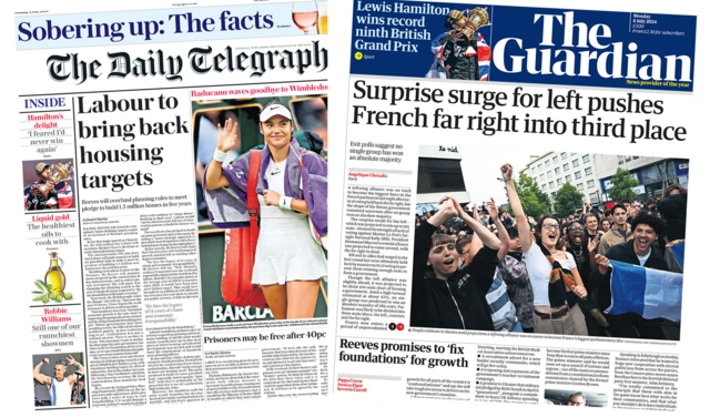 Front page of the Daily Telegraph and the Guardian