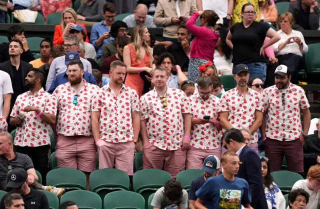 Seven people wearing a strawberry-themed shirts stand up in their row in a stadium