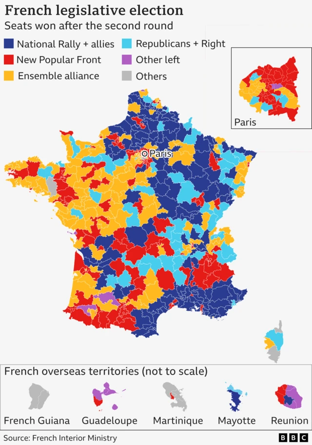 A map shows the spread of election results around France, with no clear majority