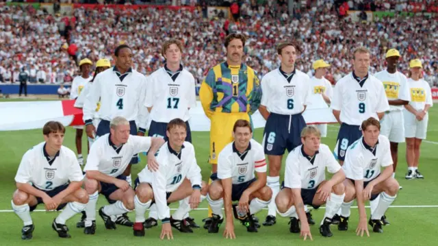 The Euro 96 team that beat the Netherlands: Seaman; Neville, Adams, Southgate, Pearce; Ince, Gascoigne; Anderton, Sheringham, McManaman; Shearer