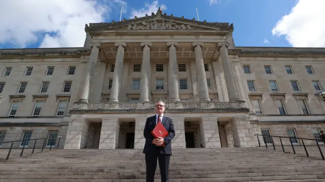 British Prime Minister Sir Keir Starmer outside Parliament Buildings at Stormont, Belfast, following a meeting with Prime Minister Sir Keir Starmer