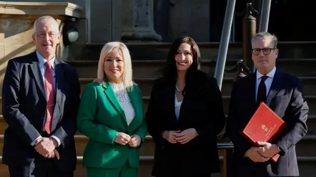 British Prime Minister Keir Starmer poses with First Minister of Northern Ireland Michelle O'Neill, Deputy First Minister of Northern Ireland Emma Little-Pengelly and Secretary of State for Northern Ireland Hilary Benn at Stormont Castle