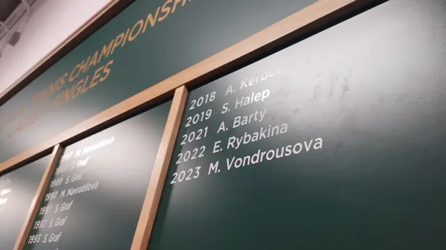 Champions wall zoomed in to Elena Rybakina's name