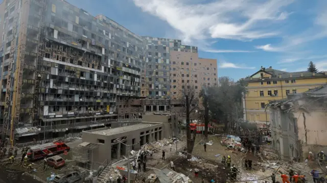 A children's hospital in Kyiv is seen in ruins after a Russian missile strike hit it in the capital of Kyiv