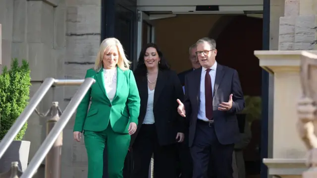 Prime Minister Sir Keir Starmer after meeting Northern Ireland Secretary Hilary Benn, First Minister Michelle O'Neill and deputy First Minister Emma Little-Pengelly