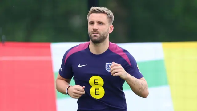 Luke Shaw of England trains during an England Training Session at Spa & Golf Resort Weimarer Land on June 27, 2024 in Blankenhain, Germany.