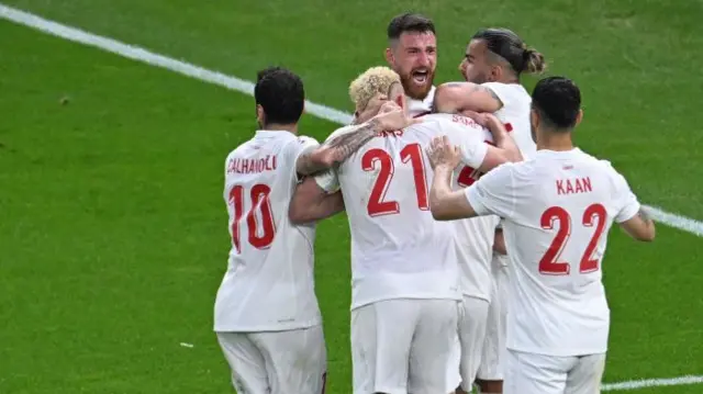 Turkey celebrate after scoring against Netherlands