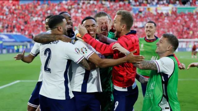 Kieran Trippier,Harry Kane, Kyle Walker, Luke Shaw, Ivan Toney, Trent Alexander-Arnold and Jordan Pickford of England after winning the UEFA EURO 2024 quarter-final match between England and Switzerland at Düsseldorf Arena on July 6, 2024 in Dusseldorf, Germany.