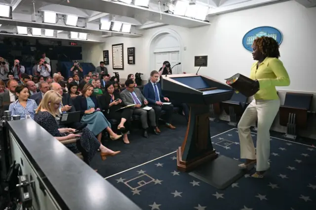 White House Press Secretary Karine Jean-Pierre speaks during the daily press briefing in the Brady Press Briefing Room of the White House in Washington, DC, on July 9, 2024.