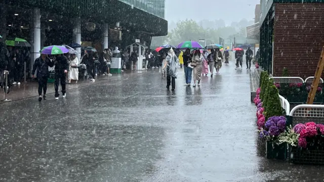 People walking with umbrellas in their hands as it rains