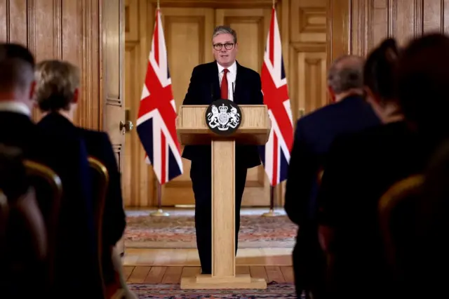 Britain's Prime Minister Keir Starmer delivers a speech during a press conference, following clashes after the Southport stabbing