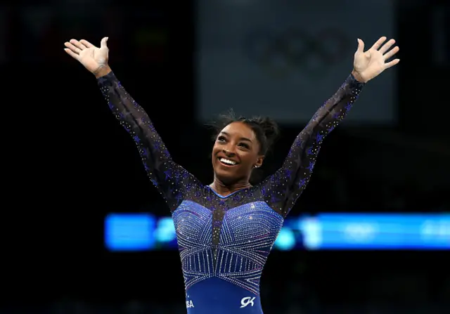 : Simone Biles of Team United States reacts