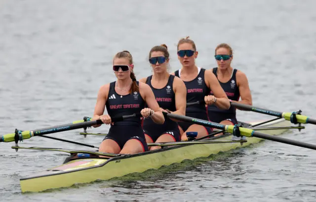 Rebecca Shorten, Sam Redgrave, Esme Booth and Helen Glover of Team Great Britain part of the Women's Four practice ahead of the Rowing at Vaires-Sur-Marne Nautical Stadium