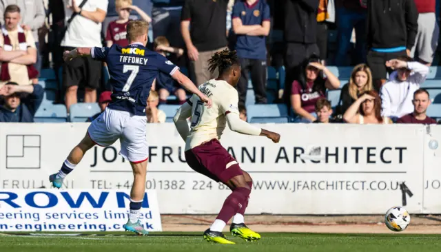 Scott Tiffoney scores for Dundee against Hearts