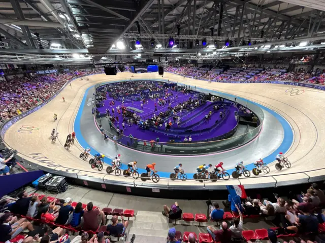 Men's madison taking place in the velodrome