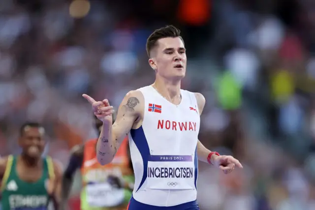 Jakob Ingebrigtsen of Team Norway celebrates winning the Gold medal in Men's 5000m Final