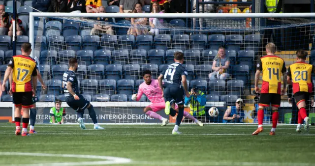 Dylan Easton scores a penalty for Raith Rovers against Partick Thistle